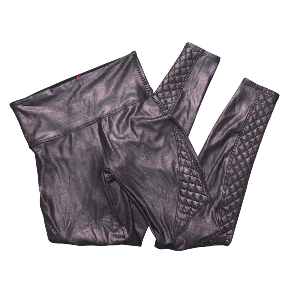 Spanx Womens Medium Leather Moto Leggings Black Quilted High Waisted Shapewear
